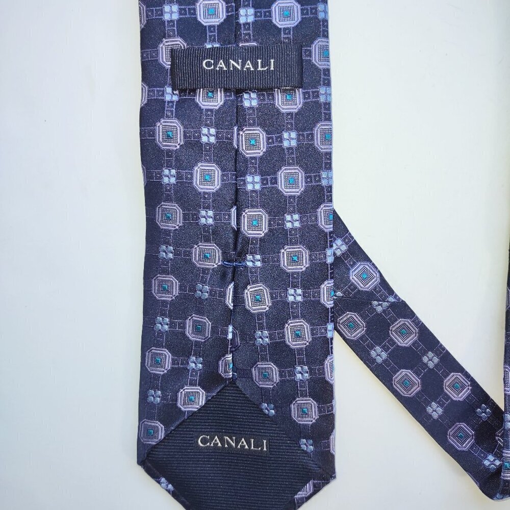 Canali 100% Silk Tie Geo Pattern Made in Italy Purple & Blue Quiet Luxury EUC